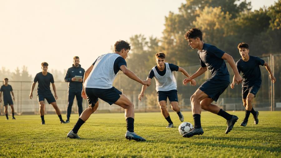 Ragazzi 15-16 anni durante un'esercitazione tecnico-tattica ad alta intensità su campo da calcio, allenatore che dirige la fase di gioco