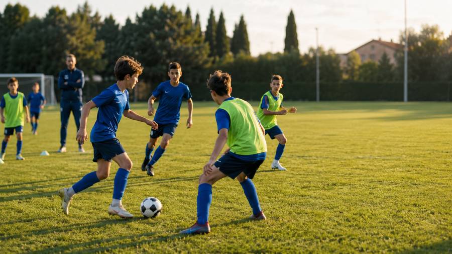 Ragazzi 11-12 anni durante un'esercitazione tecnico-tattica su campo da calcio ridotto, allenatore presente con lavagna tattica