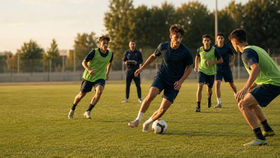 Calciatori Under 19 durante una seduta tattica ad alta intensità su campo da calcio a 11, allenatore che dirige la fase di gioco