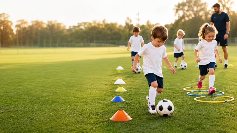 Bambini 5-6 anni che giocano con il pallone durante una sessione Piccoli Amici