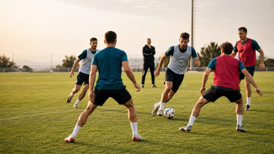 Calciatori adulti durante una seduta tattica ad alta intensità su campo da calcio a 11, allenatore con lavagna tattica che dirige il gruppo