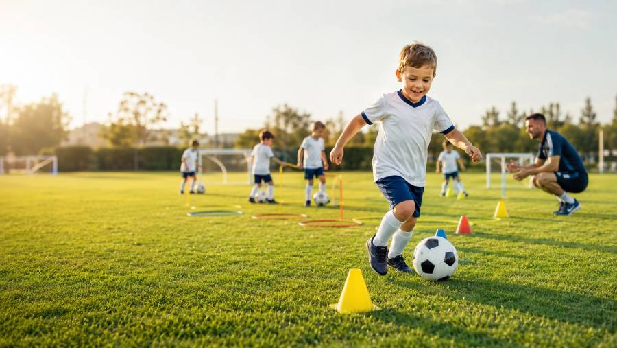 Bambini 7-8 anni durante una sessione di allenamento Primi Calci con il pallone