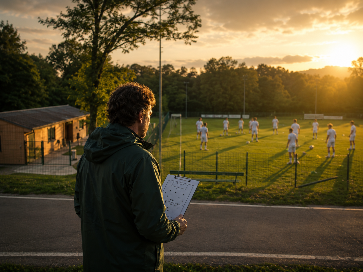 Allenatore di calcio sul campo con planimetria tattica durante un allenamento al tramonto